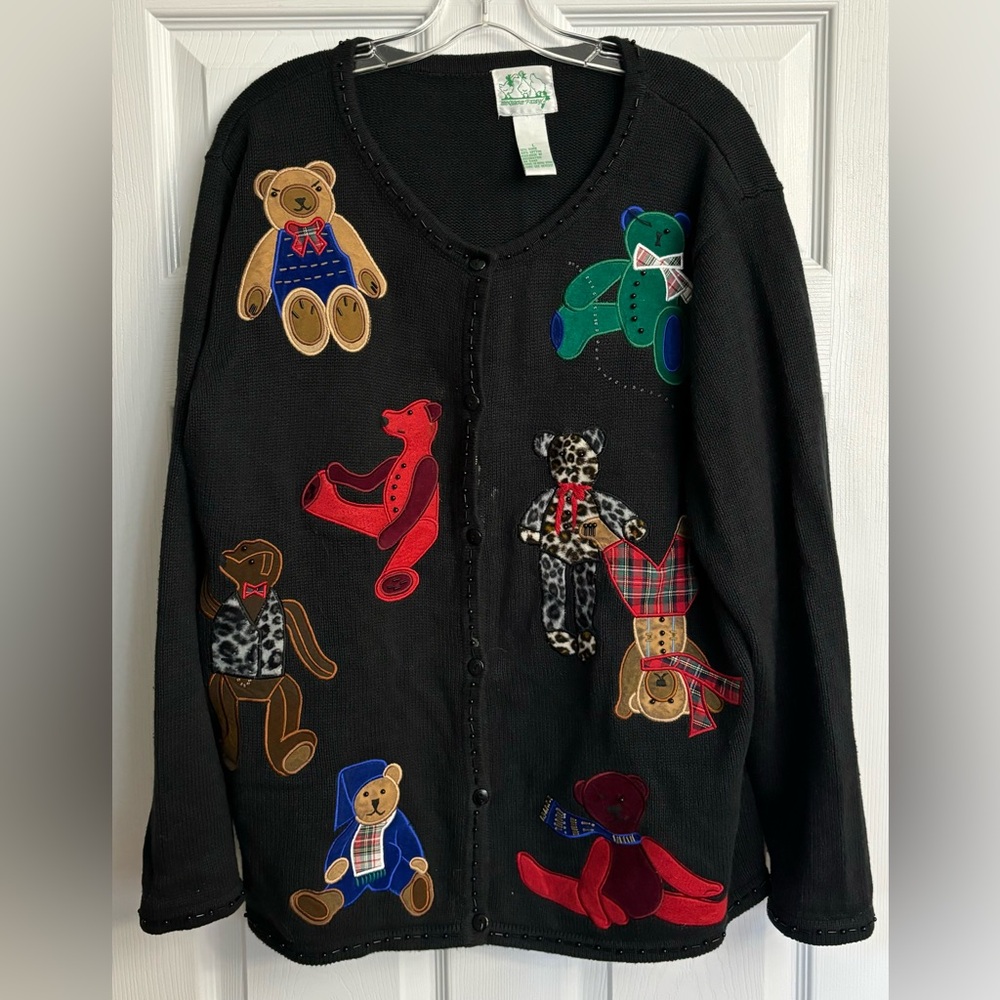 The Quaker Factory Knit Teddy Bears Beaded Black Cardigan Sweater Size Large